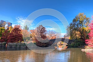 Central Park's Gapstow Bridge over The Lake in the fall