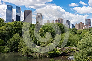 Central Park Skyline View over the Pond with the Gapstow Bridge in New York City during Spring