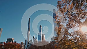 Central Park view from drone. Aerial of NY City Manhattan Central Park panorama in Autumn. Autumn in Central Park