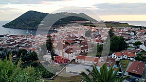 Angra do Heroismo, view at sunset, with Mount Brazil in the background, Terceira, Azores, Portugal photo