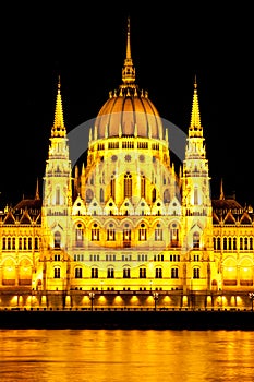 Central part of illuminated historical building Hungarian Parliament on Danube River Embankment in Budapest by night