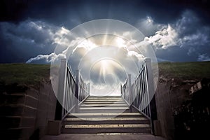 Central perspective of a stairway leading along a fence to the sun breaking through the clouds, stairway to heaven, made with