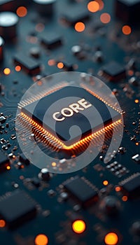Central processing core glowing on circuit board technology