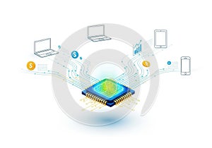 Central processing unit connecting multiple digital devices and data streams in a futuristic concept