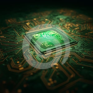 A central processing unit (CPU) embedded on a circuit board, illuminated in a vibrant