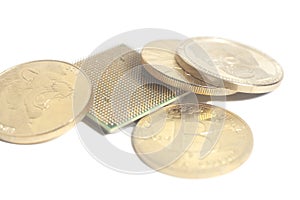 Central processing unit CPU microchip with Golden Bitcoin