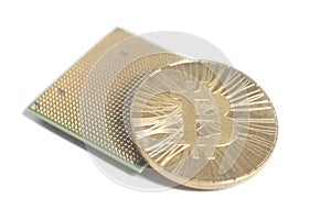 Central processing unit CPU microchip with golden Bitcoin