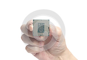 Central processing unit CPU microchip male hand holding