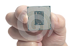 Central processing unit CPU microchip processor male hand holding