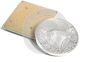 Central processing unit CPU microchip with silver Bitcoin