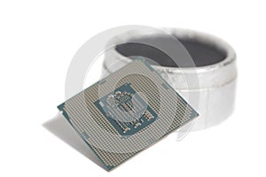 Central processing unit CPU processor microchip on the packaging box