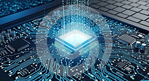 Central processing unit with glowing binary data flow