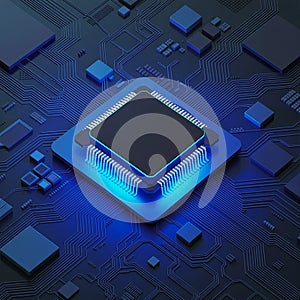 Close-up of a central processing unit on a blue circuit board processor computer chip