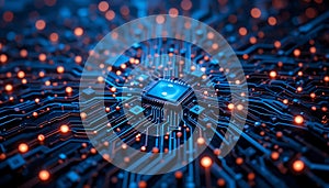 Central Processing Unit: Glowing Circuit Board in Blue and Orange