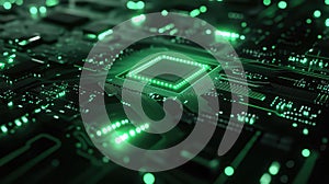 Central processing unit glowing on dark circuit board