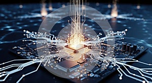 Central processing unit with glowing data flow and circuit board