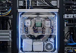 Central processing unit inside a server rack, surrounded by