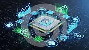 Central processing unit surrounded by interconnected data visualizations
