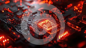 Central processing unit working on illuminated circuit board