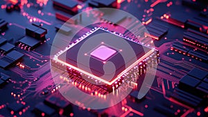 Central processing unit working on illuminated circuit board
