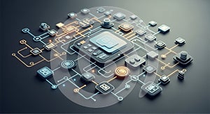 Central processor chip surrounded by interconnected digital and glowing orange and blue circuits