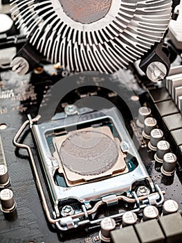 The central processor of a computer with a heat-conducting paste applied to the thermal distribution cover, cooling radiator