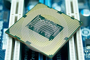 Central processor unit CPU chip over slots on computer motherboard