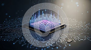 Central processor unit with glowing data streams and circuit board, digital concept