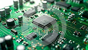 Closeup of central processor unit on green circuit board with various electronic components