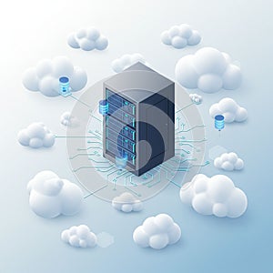 A central server is depicted in a 3D cloud computing illustration. The server is