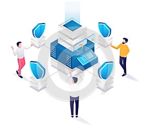 Central server with security in art flat isometric illustration concept