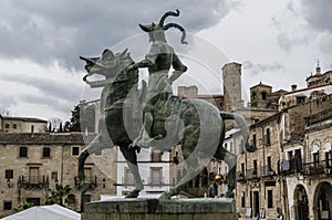 Central square of the city of Trujillo and equestrian statue of