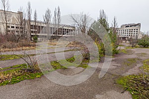 Central square in overgrown ghost city Pripyat.
