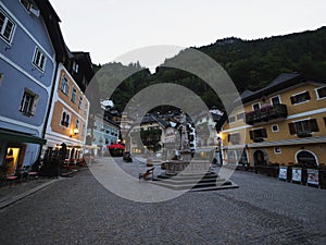 Central square of picturesque village of Hallstatt in Upper Austria