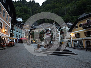 Central square of picturesque village of Hallstatt in Upper Austria