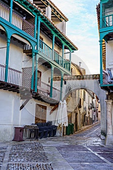 Central square of the town of Chinchon in Madrid, typical houses with wooden balconies and an old medieval atmosphere