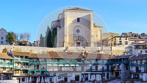 Central square of the town of Chinchon in Madrid, typical houses with wooden balconies and an old medieval atmosphere