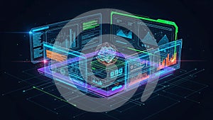 Central to the design is a geometric shape, symbolizing data processing or AI