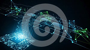 Central to the image is an illuminated microprocessor or circui