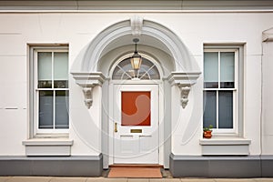 central white door, fanlight above, in stone facade