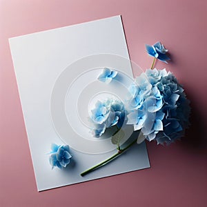 A central white space amidst a spray of blue hydrangeas. floral background, Mockup, colorful background