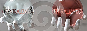 Centralization and decentralization as a choice, pictured as words decentralization, centralization in hands to show that these photo