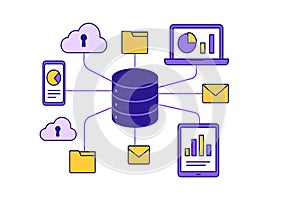 Centralized data storage and cloud connectivity for digital services illustration