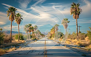 Centralized image of cement road with a row of palm trees at each side, in Kern County