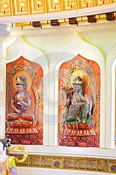 The Centre of Buddhism in Sanya. Temple with Lotus on the ceiling, Golden Buddha and many statues and goddesses.