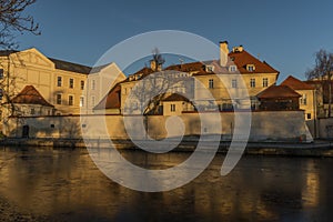 Centre of Ceske Budejovice city with old houses and towers and rivers