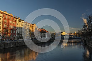 Centre of Ceske Budejovice city with old houses and towers and rivers