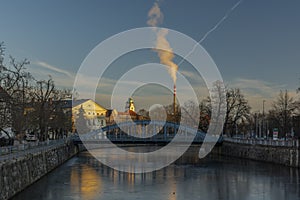 Centre of Ceske Budejovice city with old houses and towers and rivers