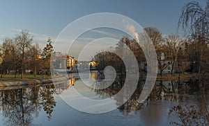 Centre of Ceske Budejovice city with old houses and towers and rivers