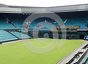 Centre Court after the championships, Murray and Raonic in the scoreboard. Wimbledon, United Kingdom.